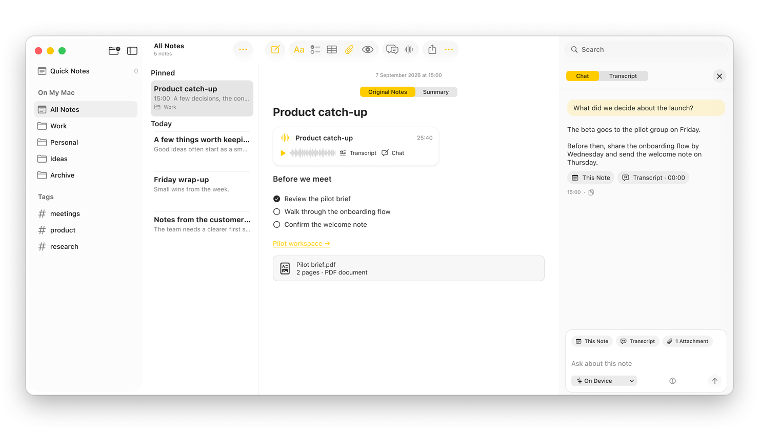 Notex with folders, a note list, a meeting note containing a recording and PDF, and Chat answering from the note and transcript with On Device selected.