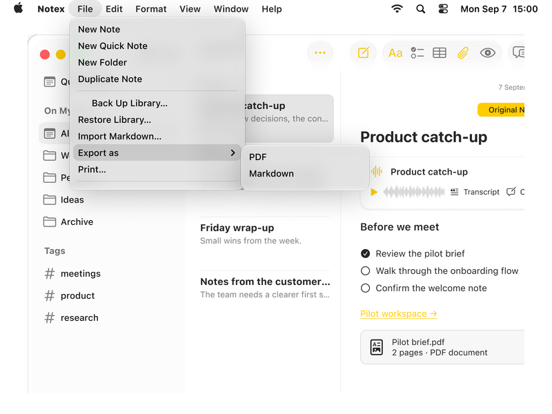 Notex folders and tags beside the File menu, with Export as open to PDF and Markdown.