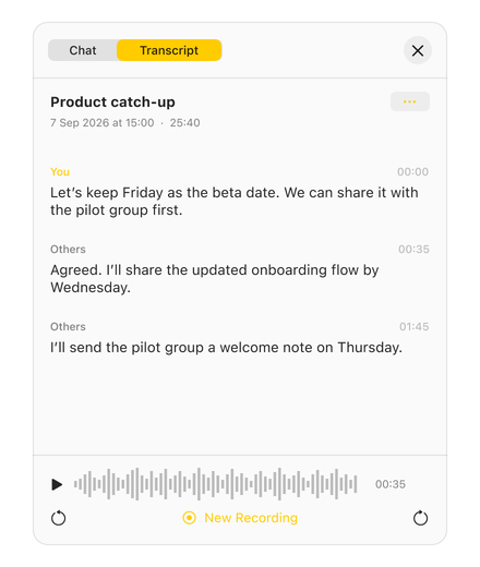 Saved meeting transcript beside playback controls and an audio waveform at 00:35.
